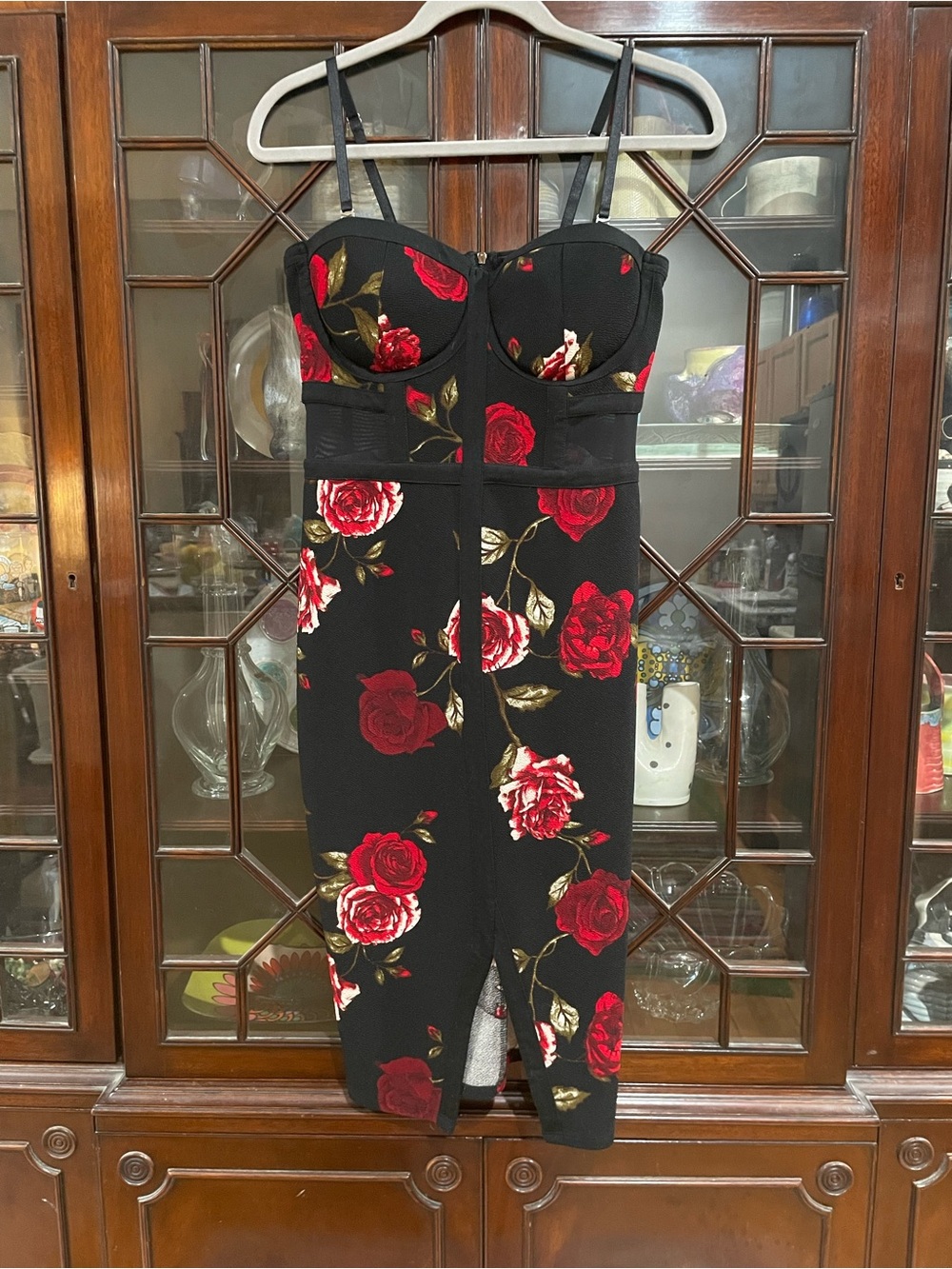 Material Girl Black Midi Dress with Red Rose Print Mesh Waist Large